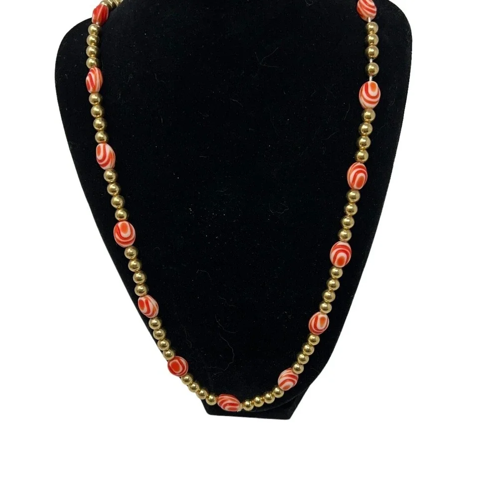 Vintage Handmade Necklace Orange‎ Swirl and Gold Tone Beads
